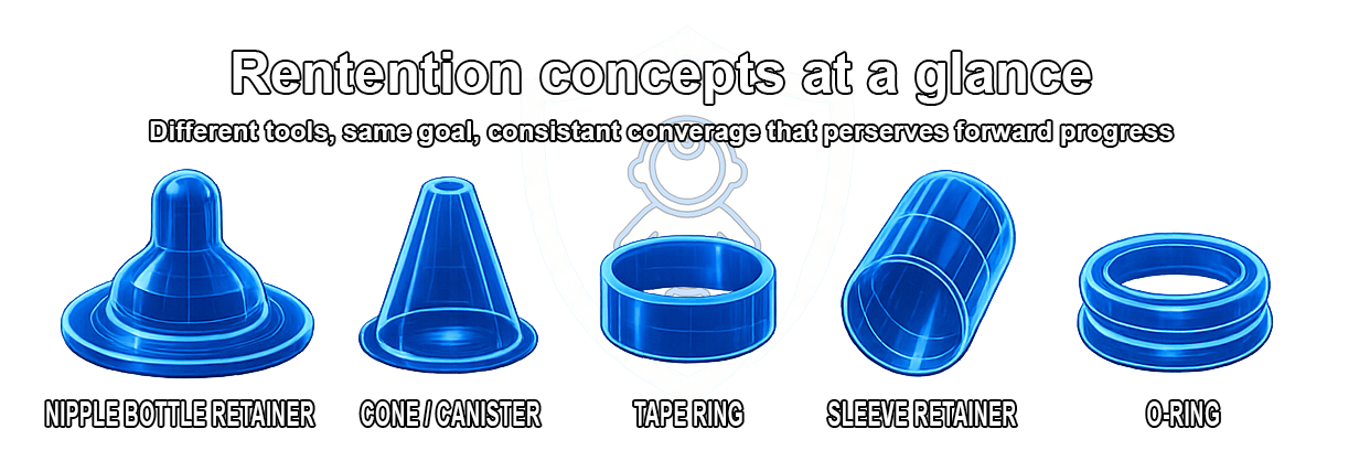 Four ways to hold coverage: dome, cone, band, sleeve. Same goal — the glans stays covered.
