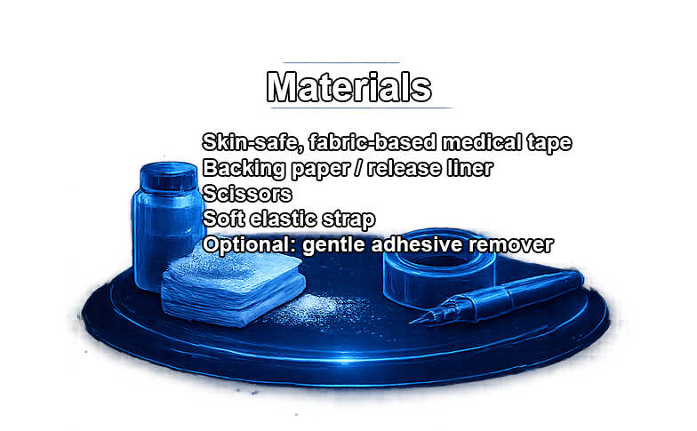 The kit: stretchable fabric tape, its backing paper, scissors, elastic strap.