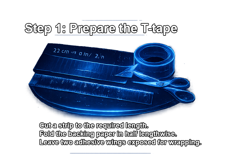Fold, place, bond: the backing strip becomes the spine, the tape wings stay sticky.